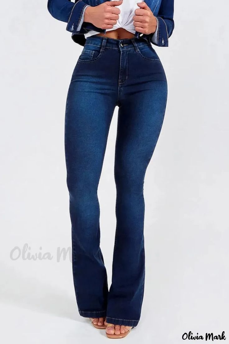 Olivia Mark - Premium High-Waisted Skinny Denim Jeans - Classic and Versatile Fitted High Waist Solid Color Jeans, High Waist Blue Stretch Flare Jeans, Slim Denim Blue Bottoms With Pockets, Casual Flare Bottoms In Solid Color, High Waist Stretch Denim Flare Jeans, High Waist Stretch Flare Jeans In Denim, High-waist Stretch Denim Flare Jeans, Slim Blue Denim Bottoms, High Waist Fitted Dark Wash Flare Jeans