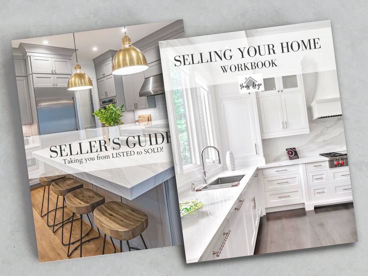 two magazine covers for selling your home workbook, featuring kitchen and living room with bar stools