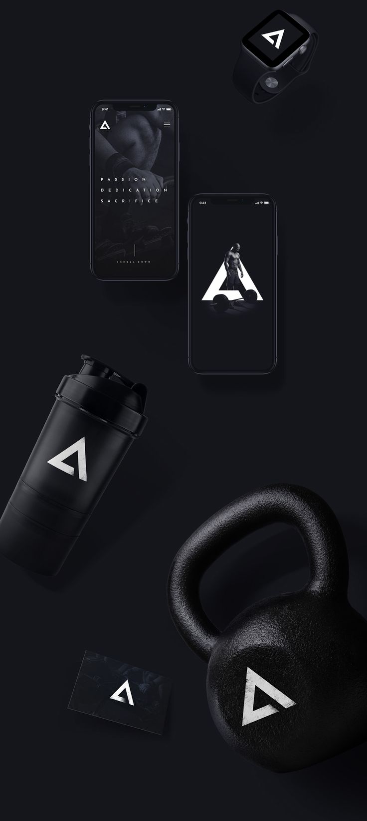 an assortment of fitness equipment including a kettle, water bottle and cell phone on a black background