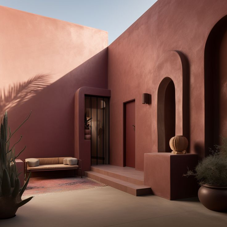 an adobe - style house with pink walls and potted plants