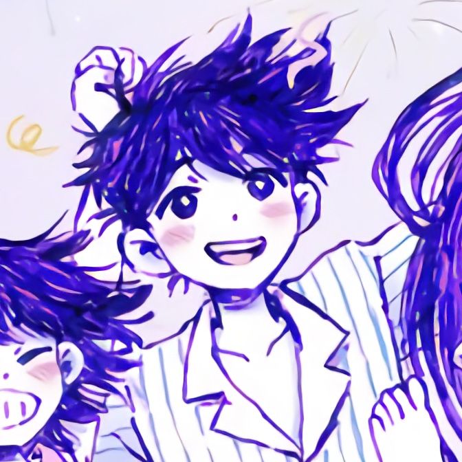 two girls and a boy with purple hair are smiling at the camera while one girl has her hand on her shoulder