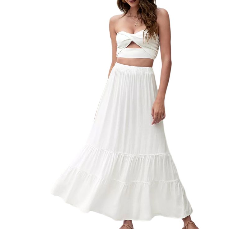 Solid White Ruffle Hem Beachwear Maxi Skirt Ruffle Hem, Maxi Skirt, Skirt, White