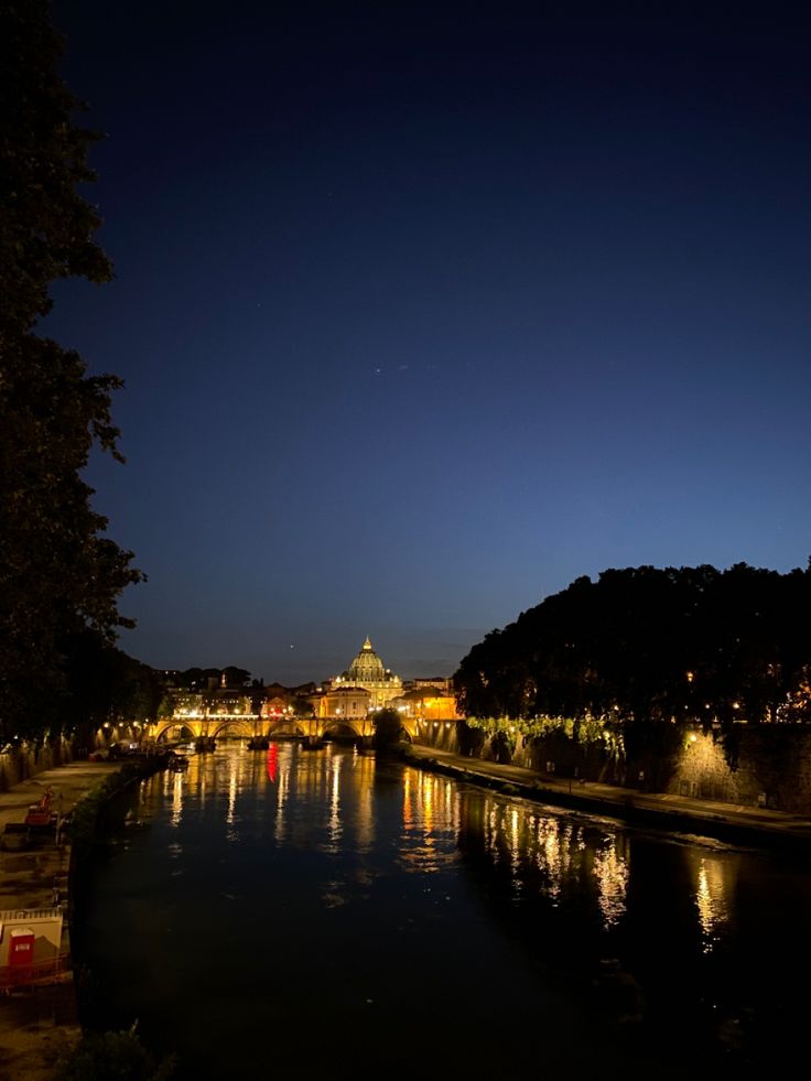 the river is lit up at night with lights reflecting off it's sides and trees in the foreground