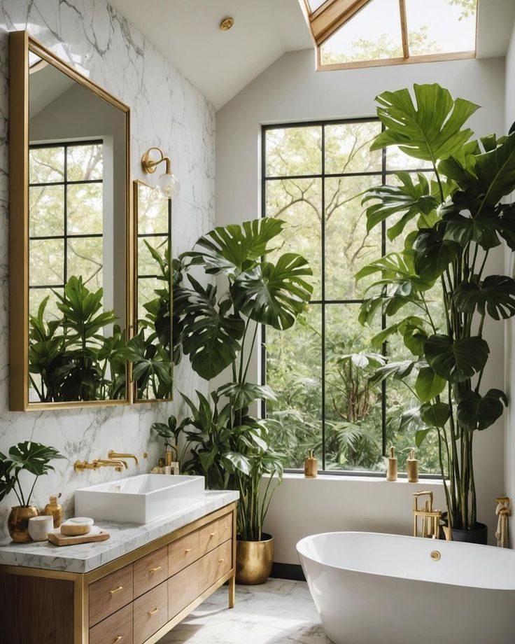 a bath room with a tub a sink and some plants