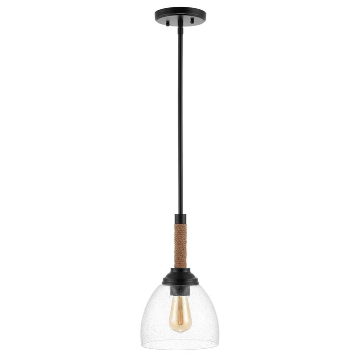 a small glass light hanging from a ceiling fixture with a black metal frame and brown cord