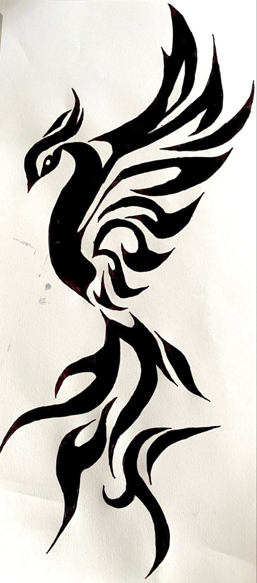 a black and white drawing of a bird with wings on it's back side