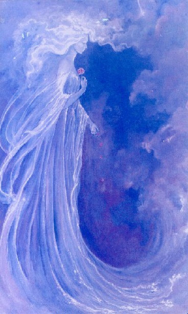 an artistic painting of a woman in the clouds