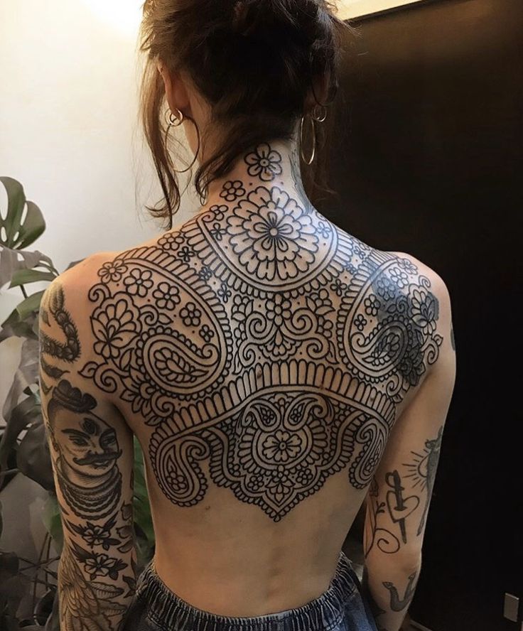 the back of a woman's body with tattoos on her upper and lower half