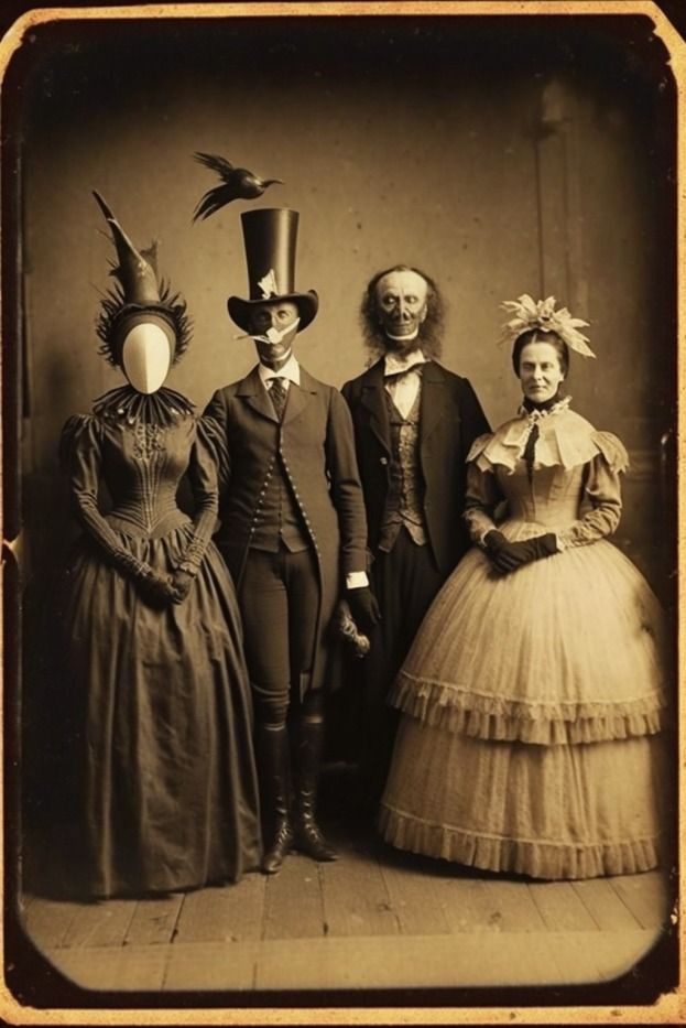 an old time photo of three people in costume