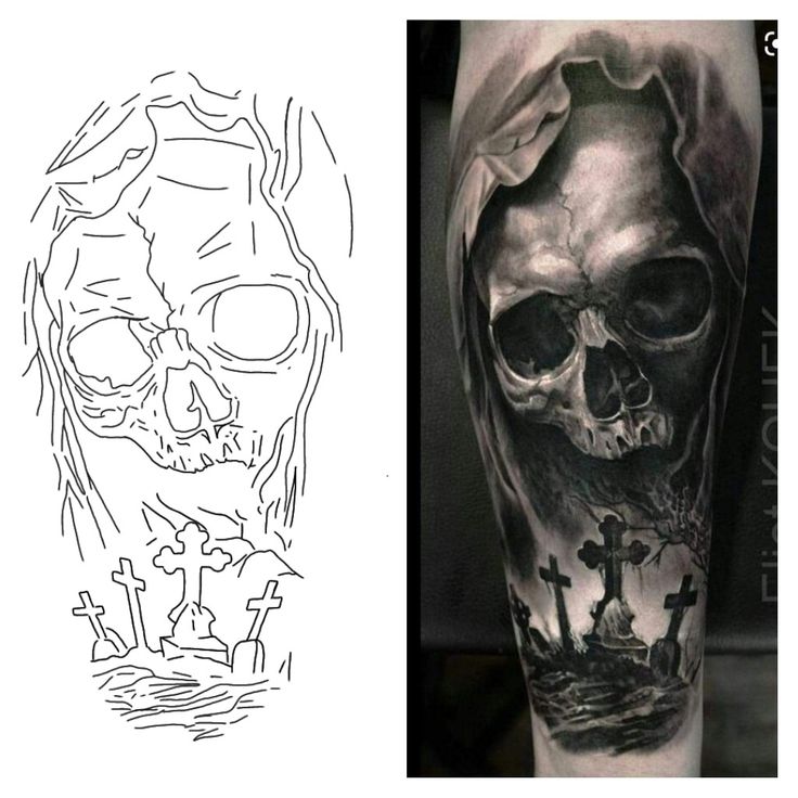 a black and white tattoo with a skull on the left side of the arm, and an image of a man's face