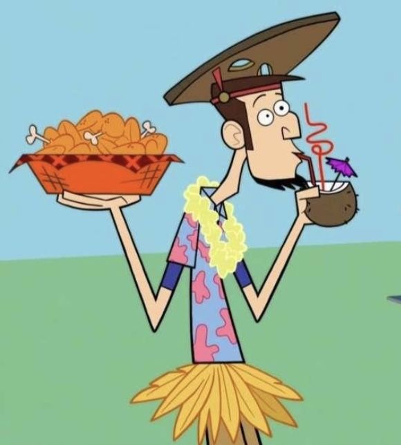 a cartoon character holding a bowl of food and a plate of chips in his hand