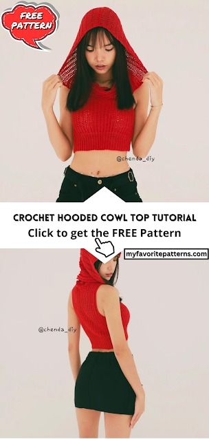 a woman wearing a red hoodie and black shorts with the text crochet hooded cowl top pattern click to get the free pattern