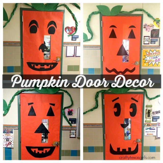 four pictures of a door decorated like a pumpkin with faces and hands on each side