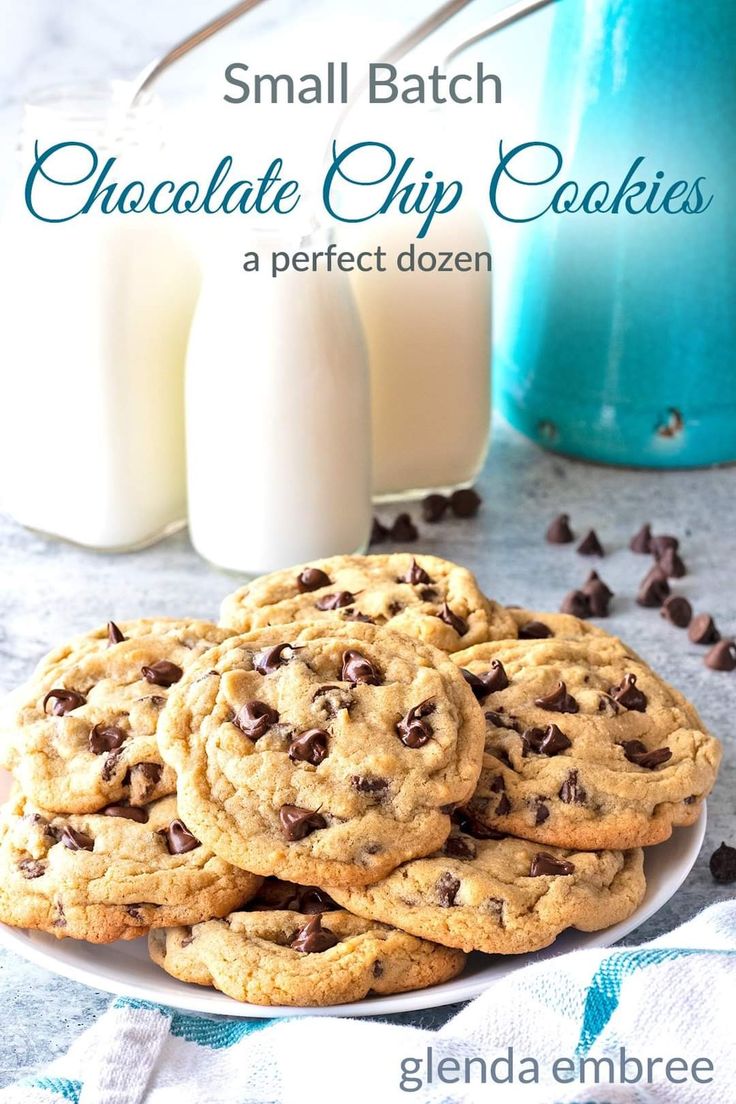 Small batch chocolate chip cookies on a white plate sitting on a concrete countertop.  Milk bottles with steel straws in background. A Dozen Chocolate Chip Cookies, Small Batch Soft Chocolate Chip Cookies, Chocolate Chip Cookies For 2, 1 Dozen Chocolate Chip Cookies, Best Small Batch Chocolate Chip Cookies, Easy Chocolate Chip Cookies Small Batch, Small Batch Cookies Chocolate Chips, Chocolate Chip Cookies Recipe Small Batch, Small Batch Cookie Dough