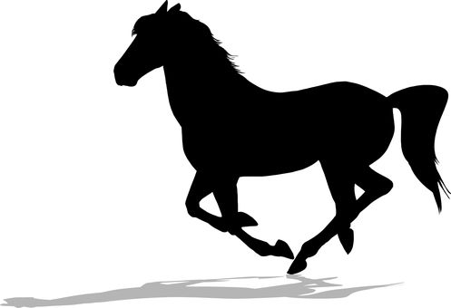 a black and white silhouette of a horse running on its hind legs, with long manes