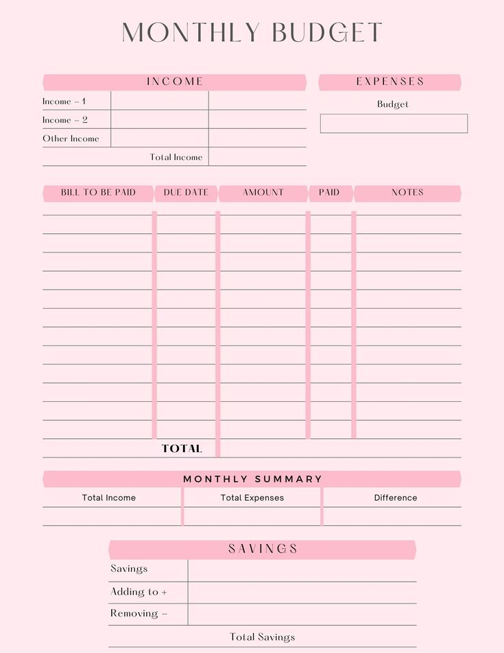 a pink printable budget sheet with the words, month to date and savings on it