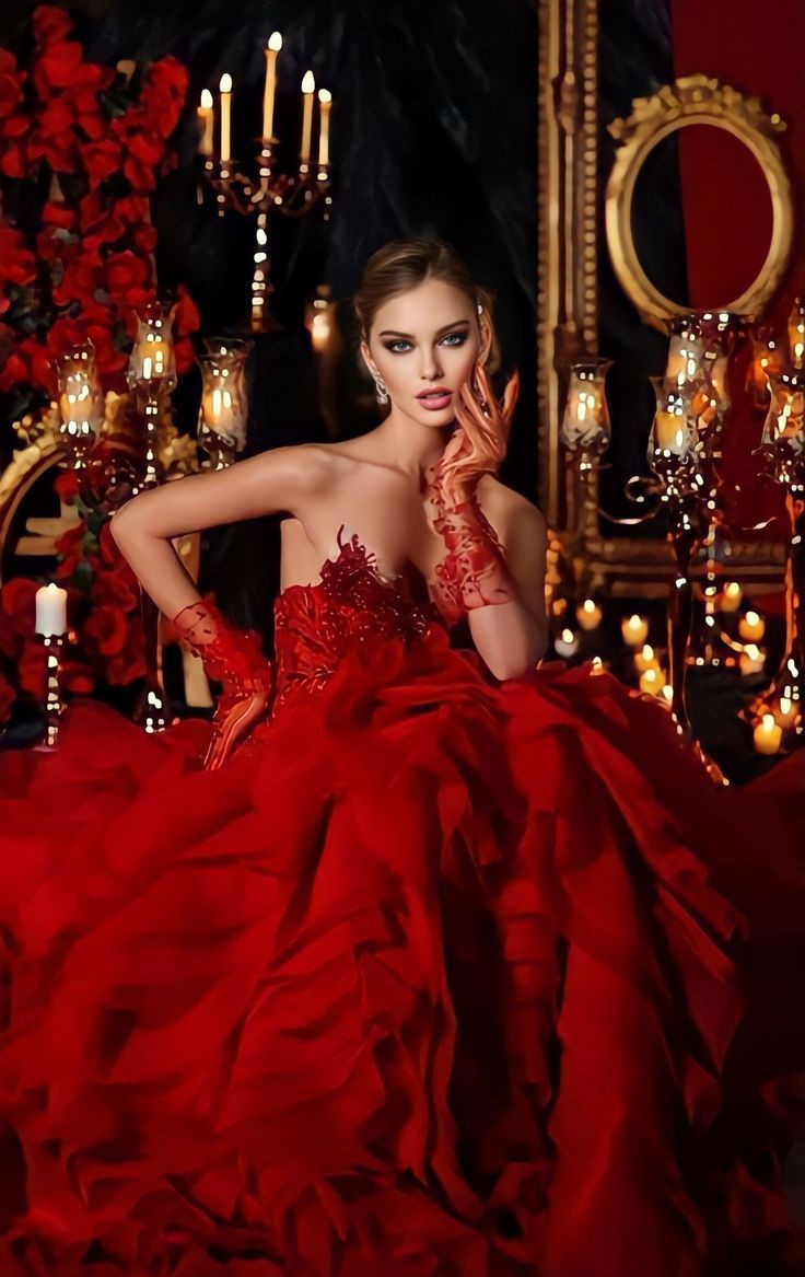 a woman in a red dress sitting on a chair with candles and flowers behind her