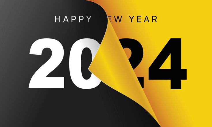 a black and yellow happy new year card with the number twenty four in front of it