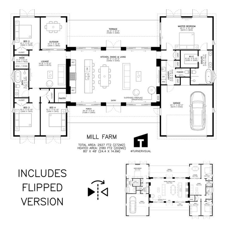 the floor plan for an apartment with multiple rooms and two car garages, including a second