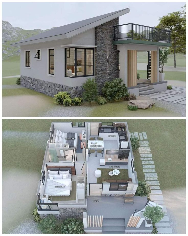 two views of the same house from different angles, one shows an open floor plan and the other shows a living area