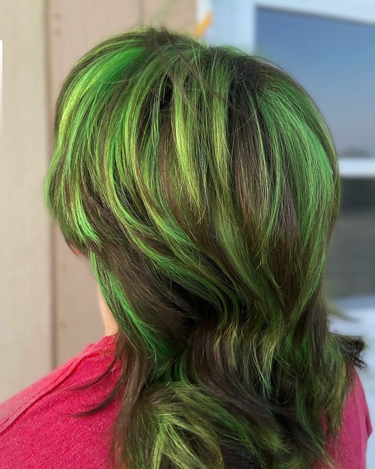 Green green green💚 Green highlights w/ mullet hair cut - used @dangerjonescreative neon green with Emerald green as equal parts to achieve this beautiful green color #neongreenhair #dangerjonescreative #green #greenhair #dangerjonesneon #greenhighlights #fypage #explore #arizonahairstylist #creativecolor #neonhair #shyannehightower Green Underside Hair, Bright Green Hair Color, Multi Green Hair, Neon Green Highlights In Brown Hair, Toxic Green Hair, Neon Green And Orange Hair, Green Strands Hair, Green Shag Hair, Swamp Hair