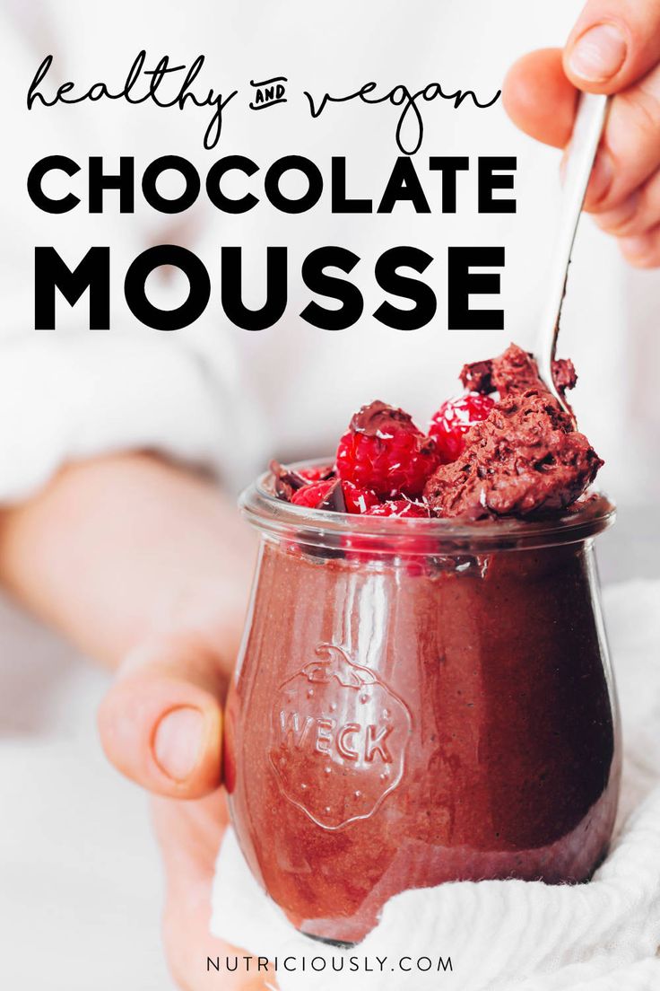 chocolate mousse in a mason jar with text overlay reading healthy and vegan chocolate mousse