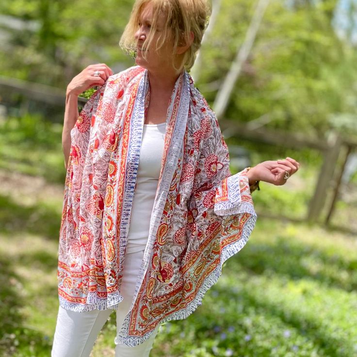 This oversized soft scarf is 100% cotton and can be worn as a scarf or sarong. Size: 72X42 inches Casual Beach Shawl For Spring, Summer Silk Shawl Scarf, Casual Summer Shawl One Size, Casual One Size Shawl For Summer, Casual Summer Shawl, Summer Bohemian Silk Shawl Scarf, Bohemian Silk Shawl Scarf For Summer, Bohemian Silk Scarf For Summer, Summer Bohemian Silk Shawl