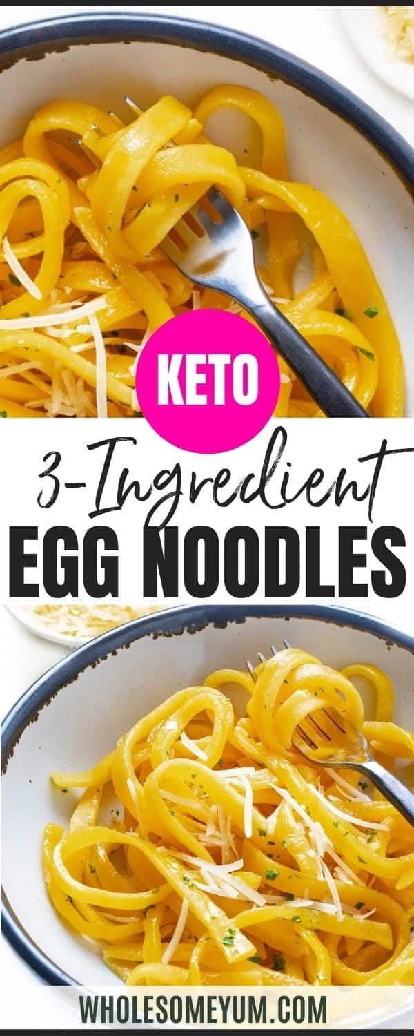 two bowls filled with egg noodles and the words keto 3 ingredient egg noodles