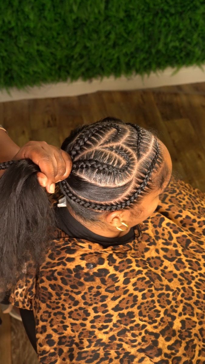 Braided Hairstyles Ponytail Black Women, Ponytail Stitch Braid Style, Braided Up Ponytail With Design, 2024 Hair Trends For Black Women, Creative Braided Ponytails, Braided Protective Styles, Unique Braided Ponytail, Zig Zag Braided Ponytail, Diamond Braided Ponytail