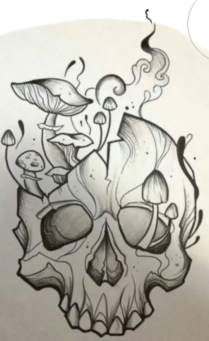 a drawing of a skull with mushrooms and leaves on it