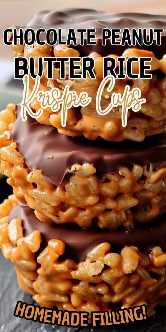 chocolate peanut butter rice krispie cups stacked on top of each other with text overlay