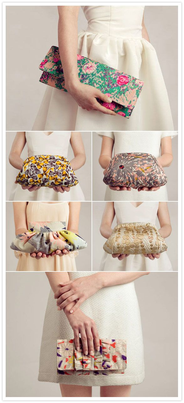 several different types of clutches and purses in various poses, with the same woman's hands holding them