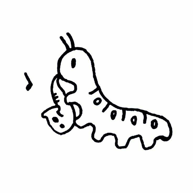 a black and white drawing of a caterpillar on a white background with music notes coming out of its mouth