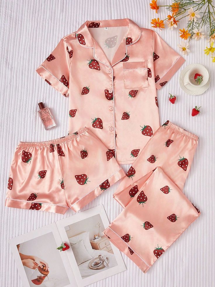 3pcs Women's Contrast Trimmed Imitation Silk Strawberry Printed Pajama Set Coral Orange Cute    Fruit&Vegetable Pant Sets Non-Stretch Summer Women Sleep & Lounge, size features are:Bust: ,Length: ,Sleeve Length: Shein Pajama Pants, Cute Pjs Silk, Cute Pajama Bottoms, Cute Pjs Christmas, Pjs Outfits Aesthetic, Strawberry Pjs, Cute Pjs Outfits, Girly Pjs, Fun Pajamas Women