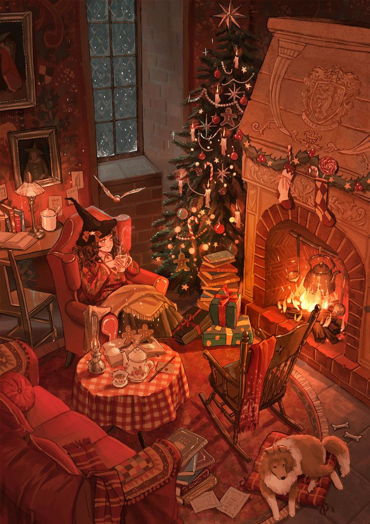 a living room filled with furniture and a fire place next to a christmas decorated tree