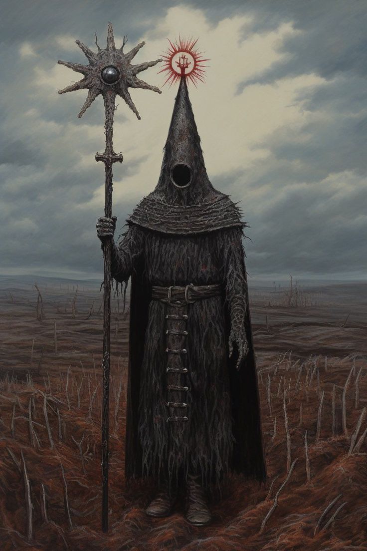 a painting of a wizard with a sun on his head, holding a staff and standing in the middle of a field