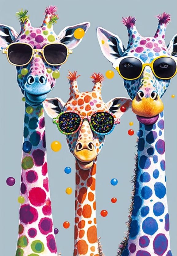 three giraffes with sunglasses on their heads are standing next to each other