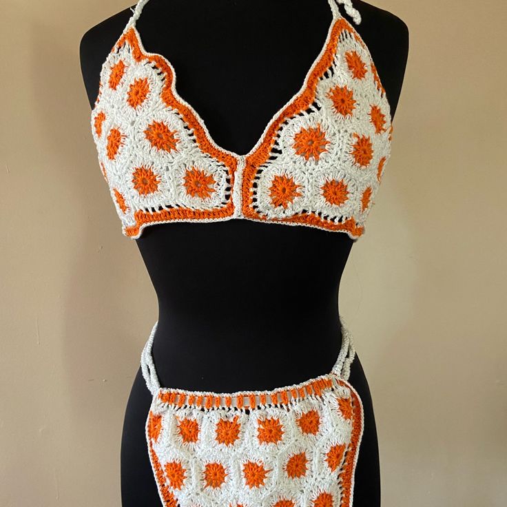 Handmade Custom Crochet Bikini - Orange Solars L/Xl - Fit Is More Of Large With Full Coverage For The Girlies With More Up Top. Dimensions Are Roughly, In Cm, 20x22 (Wxh) For The Top And 40x15 For The Bottoms. Please Feel Free To Inquire More About Sizing! Or For Possible Modifications To Help Custom Fit It For Your Best Fit! Open To Retail Via Other Platforms, As Poshmark Charges Sales Fee. Please Keep In Mind These Are Entirely Handmand. Check Out Closet For More Styles :) Handmade White Swimwear For Poolside, Handmade White Summer Swimwear, White Handmade Summer Swimwear, Handmade White Triangle Top Swimwear, Handmade White Swimwear For Summer, Handmade White Swimwear For Beachwear, Handmade White Swimwear For Beach Season, Fitted Crochet Swimwear, White Bohemian Fitted Swimwear