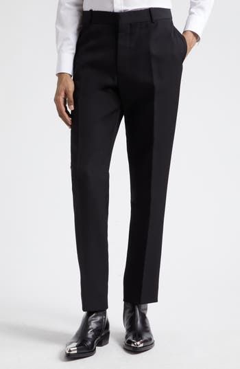 Tailored elegance pervades Italian-crafted pants fashioned from smooth wool with a mid rise and cleanly pressed creases. 34" inseam; 14 1/2" leg opening; 11 1/2" front rise; 14 1/2" back rise (size 48 EU) Zip fly with hook-and-bar closure Side-seam pockets; back button-welt pockets 100% wool Dry clean Made in Italy Designer Clothing Tailored Semi-formal Bottoms In Suiting Fabric, Luxury Tapered Leg Dress Pants For Semi-formal Occasions, Luxury Straight Leg Dress Pants For Semi-formal Occasions, Business Straight Pants In Suiting Fabric, Workwear Straight Suit Pants, Luxury Business Casual Pants With Pressed Crease, Luxury Tapered Leg Dress Pants For Workwear, Straight Suiting Fabric Pants For Work, Straight Pants In Suiting Fabric For Work