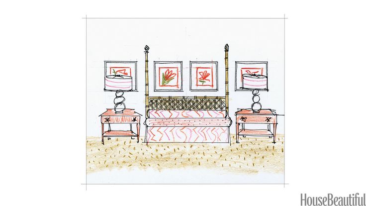 a drawing of a living room with couches and pictures on the wall