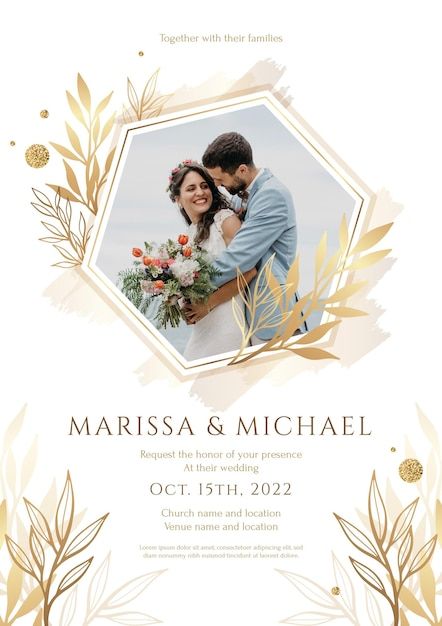 a wedding card with an image of a couple holding each other and gold leaves around the edges