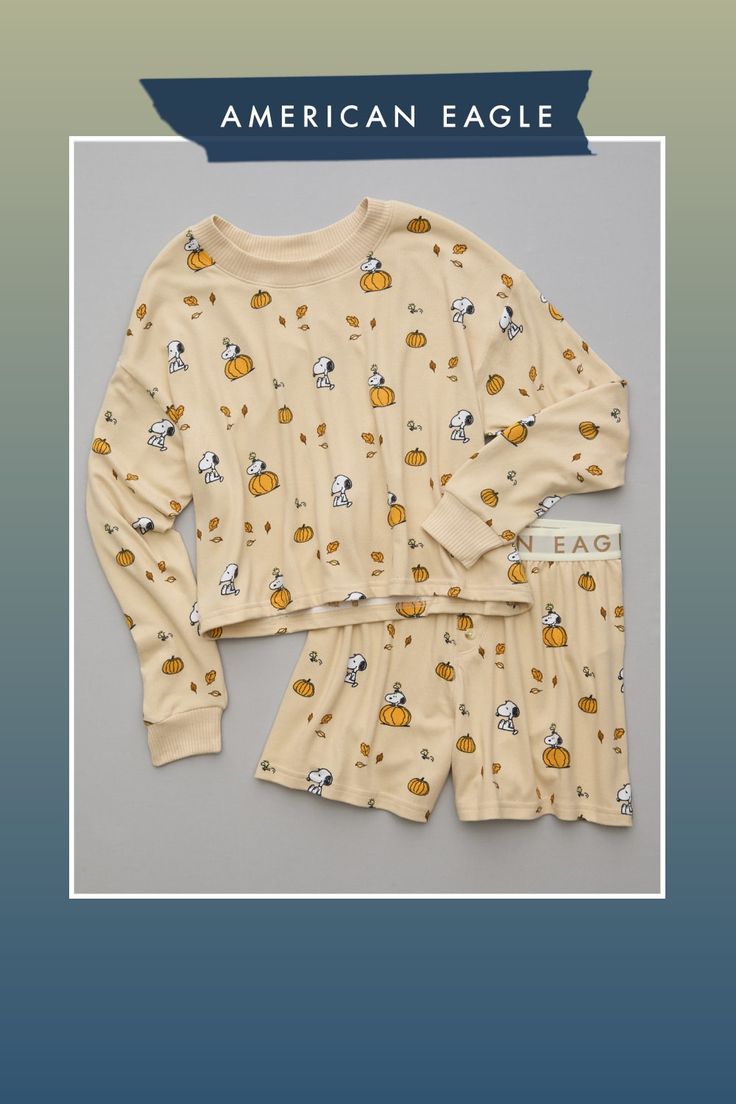 Allover Peanuts characters print/Long-sleeve shirt + elastic shorts Casual Cartoon Print Cotton Sleepwear, Casual Cotton Sleepwear With Cartoon Print, Cotton Cartoon Print Short Top, Short Cotton Tops With Cartoon Print, Short Cotton Top With Cartoon Print, Casual Printed Cotton Pajama Shorts, Casual Printed Shorts For Loungewear, Casual Short Tops With Cartoon Print, Casual Printed Loungewear Shorts