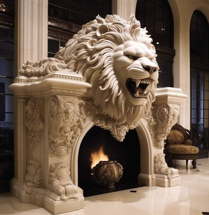 a large white lion statue sitting in front of a fire place