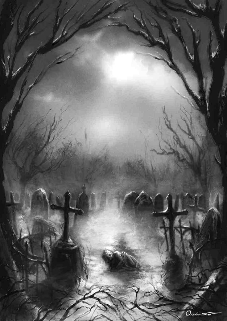 black and white painting of graveyard scene