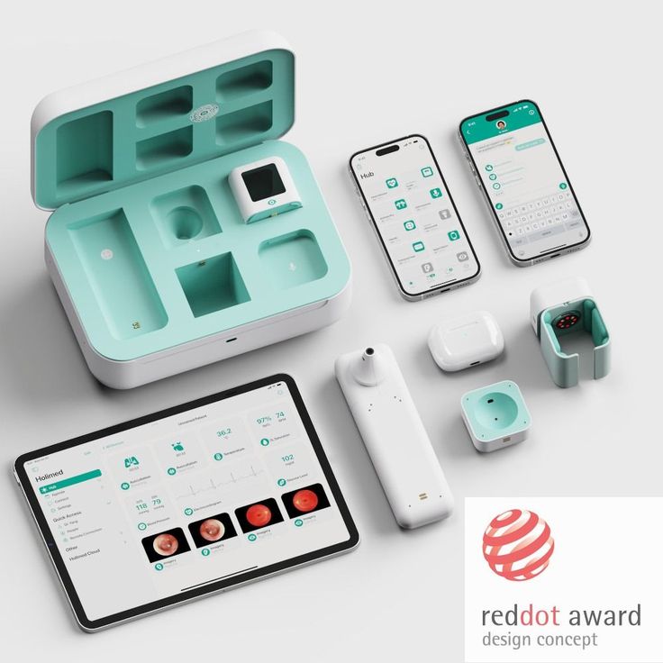 an assortment of electronic devices are displayed on a white surface with the caption red dot award