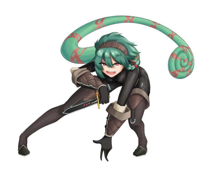 a woman with green hair and black pants is holding a large snake in her hands