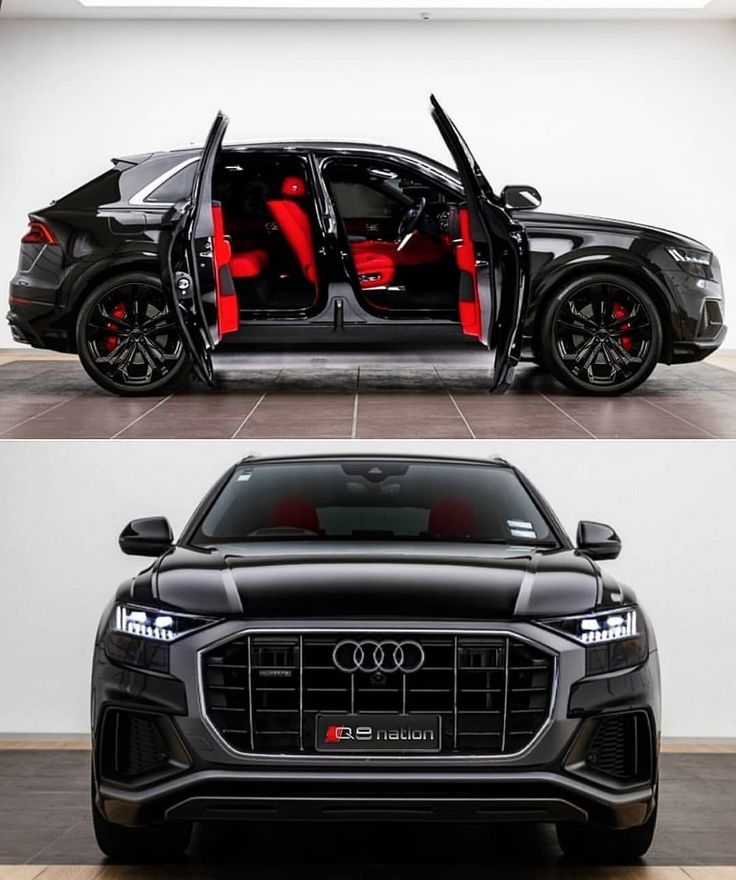 two side by side images of an audi suv with its doors open and the door opened