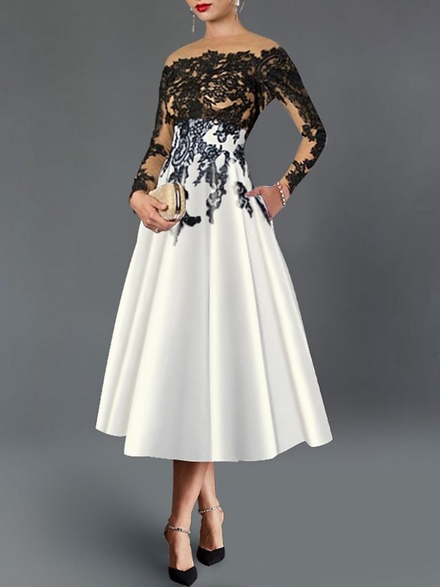 A-Line Cocktail Dresses Elegant Dress Fall Wedding Guest Dress For Mother Color Block Formal Tea Length 3/4 Length Sleeve Off Shoulder Pocket Satin with Embroidery Pocket 2024 2024 - $143.99 Dress Fall Wedding Guest, Tea Length Cocktail Dresses, Gaun Koktail, Cocktail Dress Elegant, Cheap Cocktail Dresses, Formal Wedding Guests, Cocktail Dresses Online, A Line Cocktail Dress, Gaun Fashion