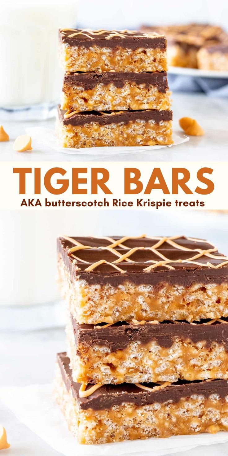 three pieces of tiger bars stacked on top of each other with chocolate and almonds