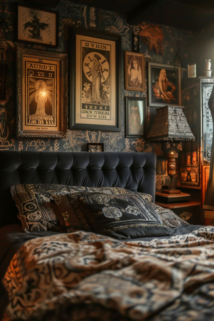 whimsy goth decor, whimsy goth accent wall, whimsy goth bedroom Goth Bedroom Aesthetic, Home Haunted House, Whimsy Goth Bedroom, Academia Bedroom, Goth Room, Goth Bedroom, Gothic Room, Academia Light, Moody Decor